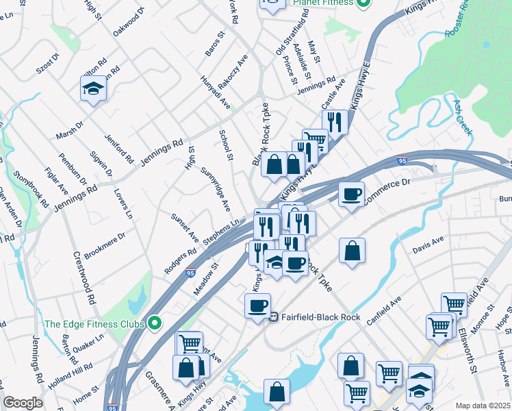 map of restaurants, bars, coffee shops, grocery stores, and more near 49 Black Rock Turnpike in Fairfield