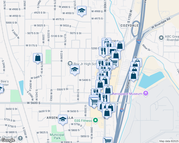map of restaurants, bars, coffee shops, grocery stores, and more near 5363 South 2000 West in Roy