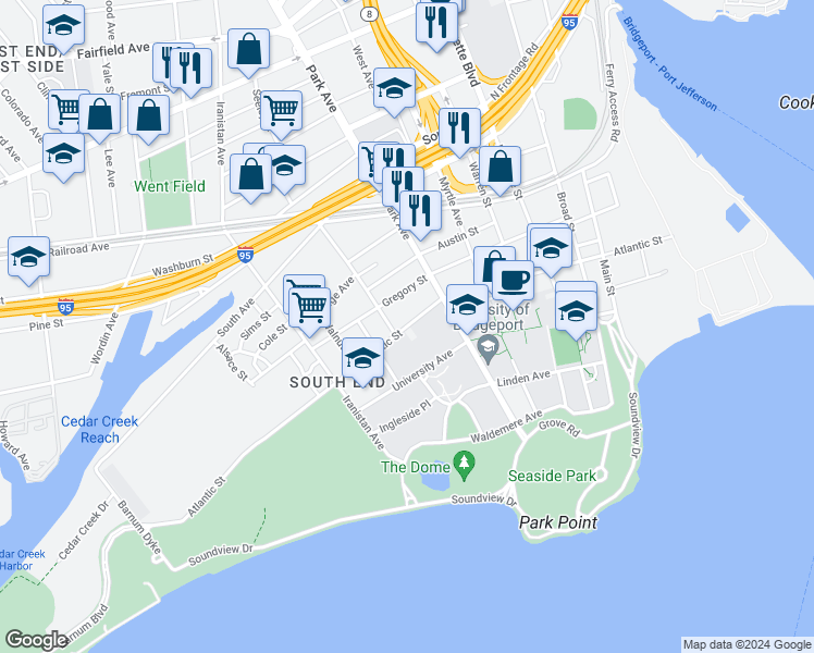 map of restaurants, bars, coffee shops, grocery stores, and more near 552 Atlantic Street in Bridgeport