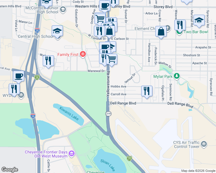 map of restaurants, bars, coffee shops, grocery stores, and more near 100 Hobbs Avenue in Cheyenne