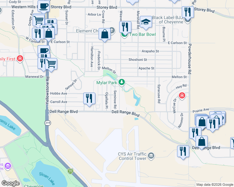 map of restaurants, bars, coffee shops, grocery stores, and more near 5101 Seminoe Road in Cheyenne