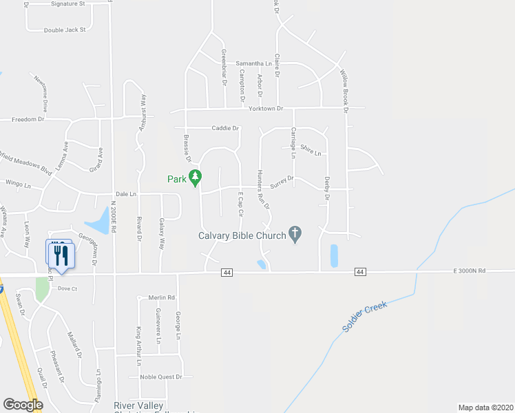 map of restaurants, bars, coffee shops, grocery stores, and more near 1479 Hunters Run Drive in Bourbonnais