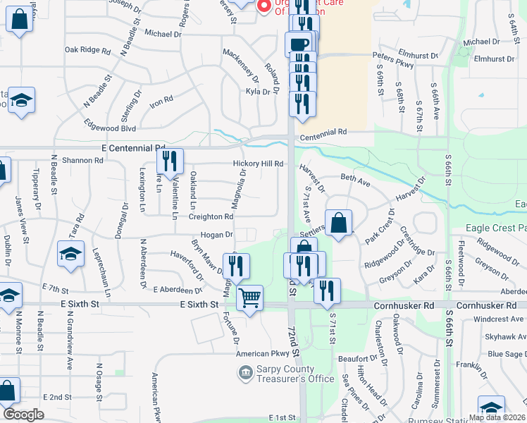 map of restaurants, bars, coffee shops, grocery stores, and more near 1110 Creighton Road in Papillion