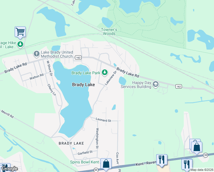 map of restaurants, bars, coffee shops, grocery stores, and more near 6442 Lakeview Drive in Ravenna