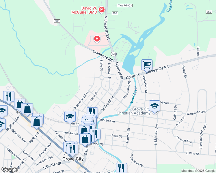 map of restaurants, bars, coffee shops, grocery stores, and more near 409 North Center Street in Grove City