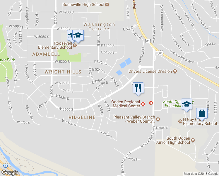 map of restaurants, bars, coffee shops, grocery stores, and more near 5481 South 250 East in Ogden
