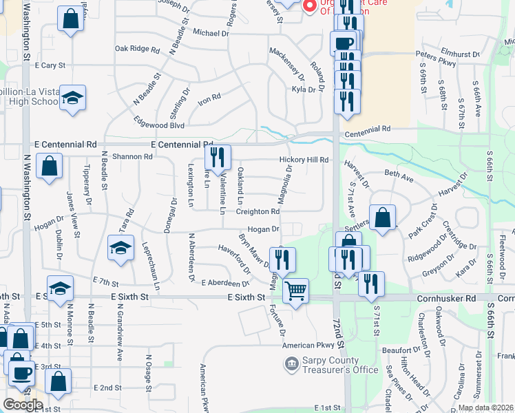 map of restaurants, bars, coffee shops, grocery stores, and more near 1012 Creighton Road in Papillion