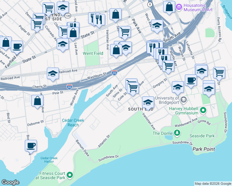 map of restaurants, bars, coffee shops, grocery stores, and more near 72 Sims Street in Bridgeport