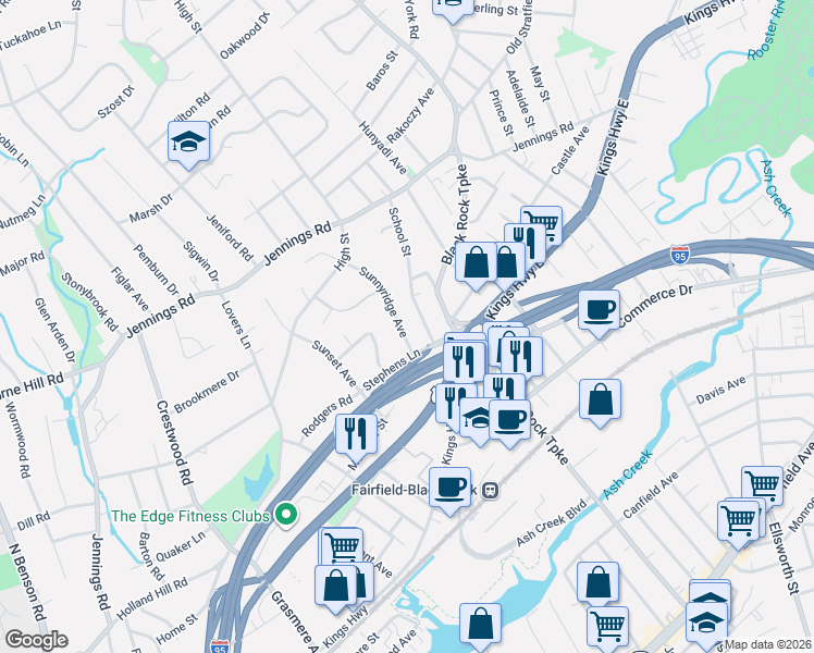 map of restaurants, bars, coffee shops, grocery stores, and more near 112 Sunnyridge Avenue in Fairfield