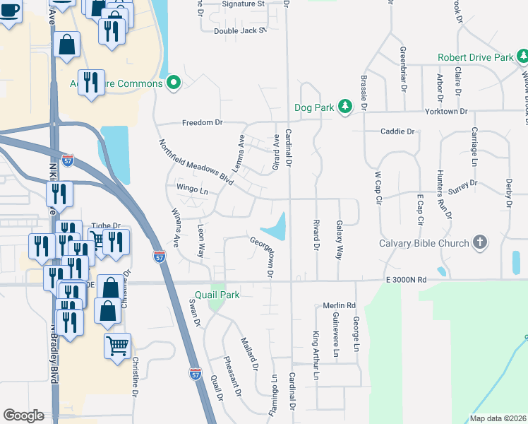map of restaurants, bars, coffee shops, grocery stores, and more near 1480 Northfield Meadows Turn in Bourbonnais