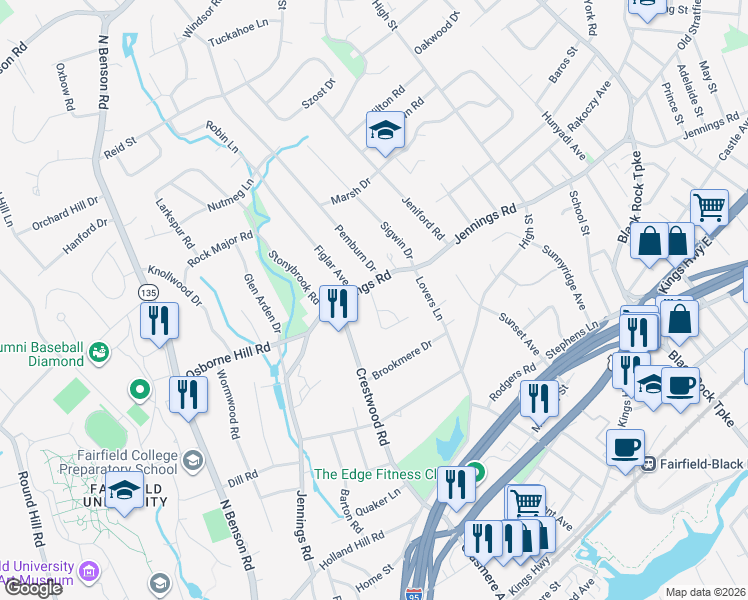 map of restaurants, bars, coffee shops, grocery stores, and more near 33 Birchwood Drive in Fairfield