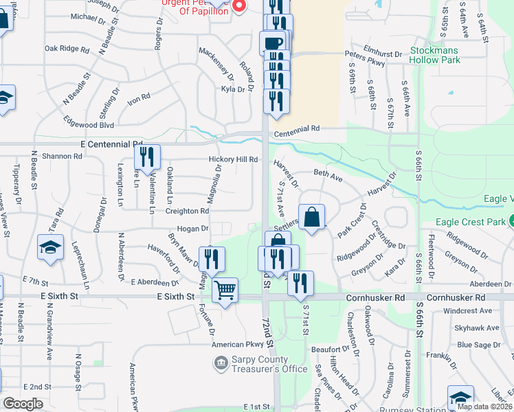 map of restaurants, bars, coffee shops, grocery stores, and more near 803 Auburn Ln in Papillion