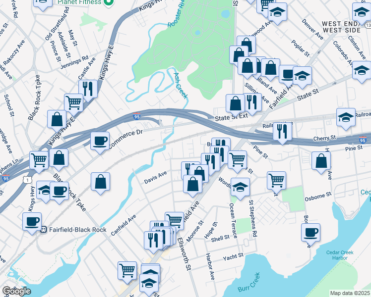 map of restaurants, bars, coffee shops, grocery stores, and more near 50 Siemon Street in Bridgeport