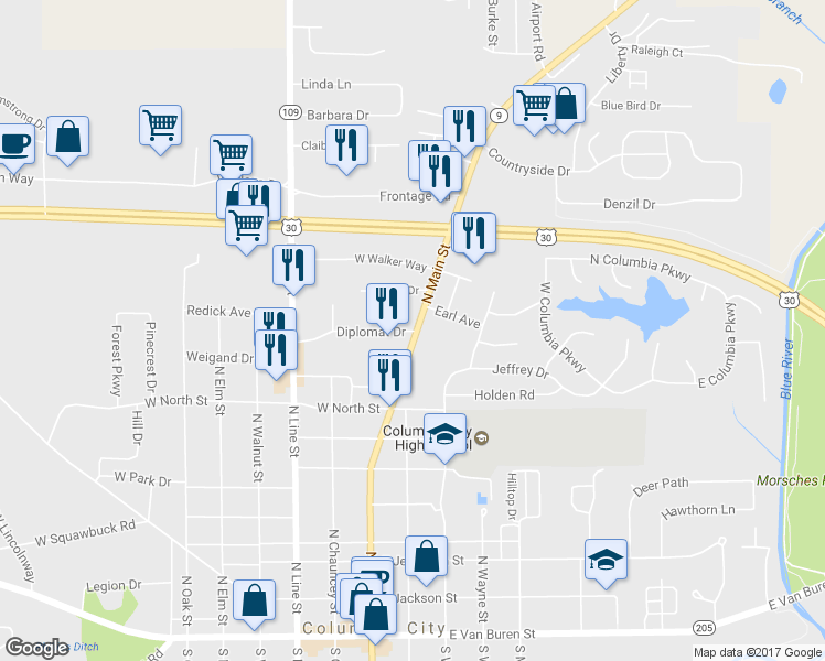 map of restaurants, bars, coffee shops, grocery stores, and more near 499 N Main St in Columbia City