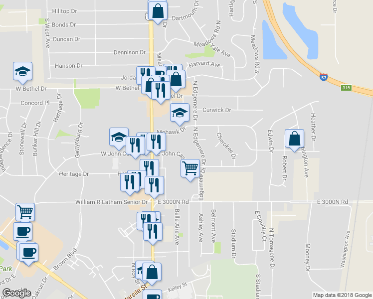 map of restaurants, bars, coffee shops, grocery stores, and more near 175 East John Casey Road in Bourbonnais