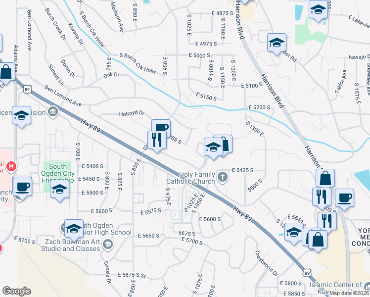 map of restaurants, bars, coffee shops, grocery stores, and more near 1031 East 5285 South in Ogden