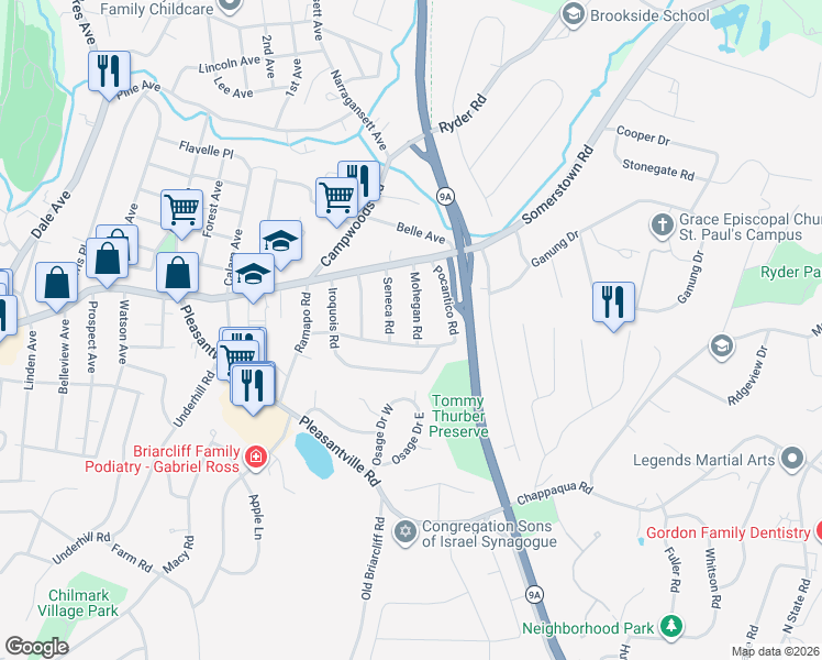 map of restaurants, bars, coffee shops, grocery stores, and more near 24 Mohegan Road in Ossining