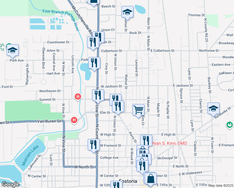 map of restaurants, bars, coffee shops, grocery stores, and more near 816 North Union Street in Fostoria