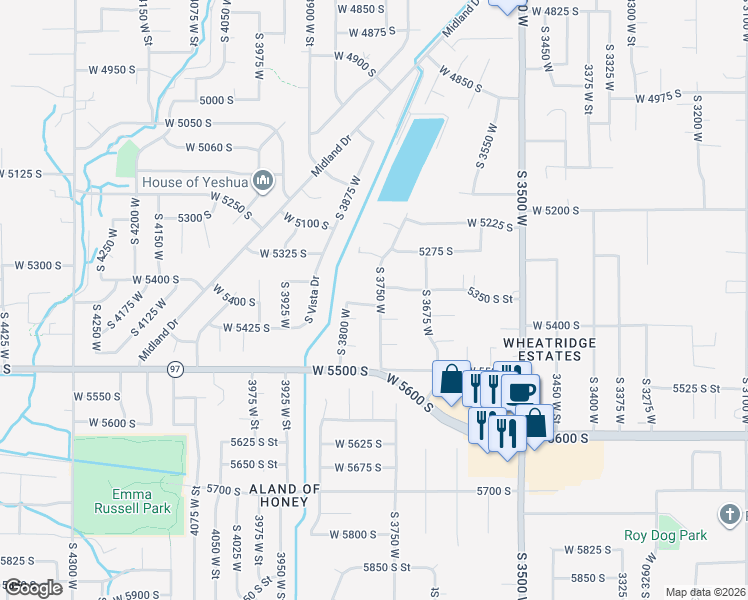 map of restaurants, bars, coffee shops, grocery stores, and more near 5365 South 3750 West in Roy