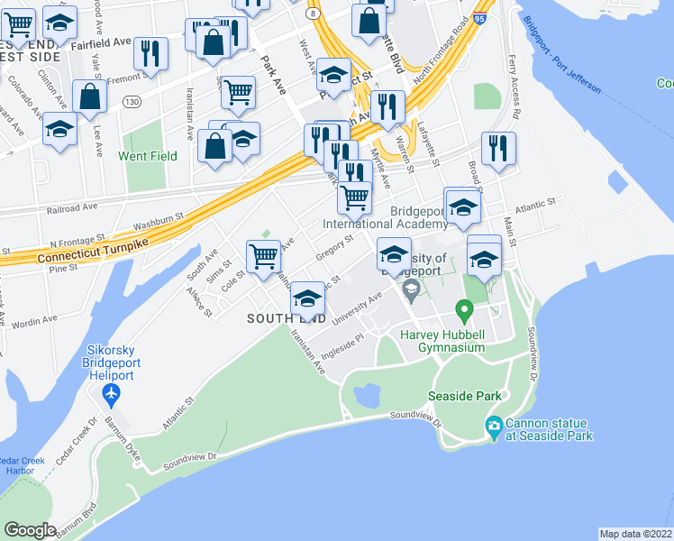 map of restaurants, bars, coffee shops, grocery stores, and more near 552 Atlantic Street in Bridgeport
