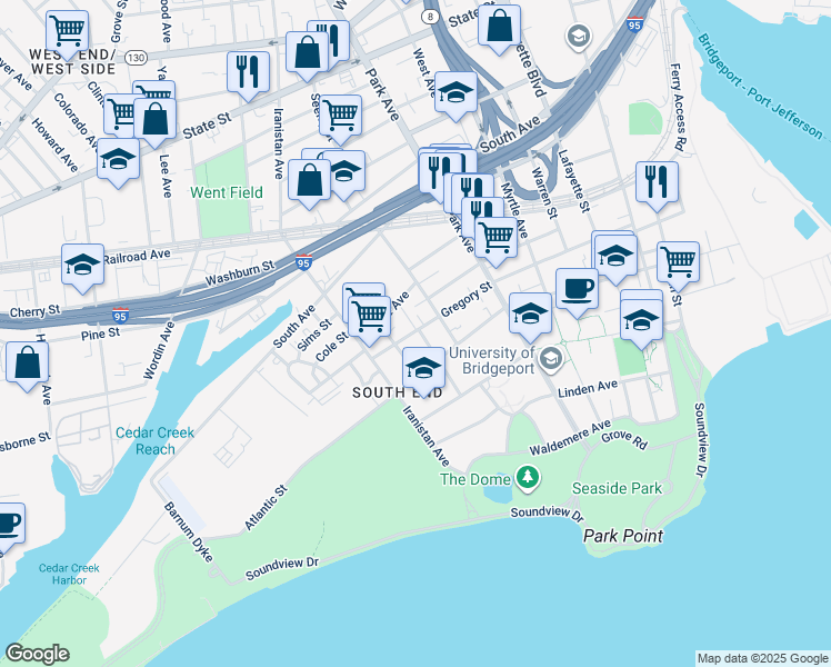 map of restaurants, bars, coffee shops, grocery stores, and more near 493-495 Gregory Street in Bridgeport