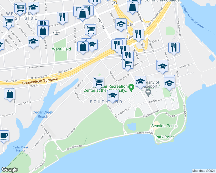 map of restaurants, bars, coffee shops, grocery stores, and more near 180 Walnut Street in Bridgeport