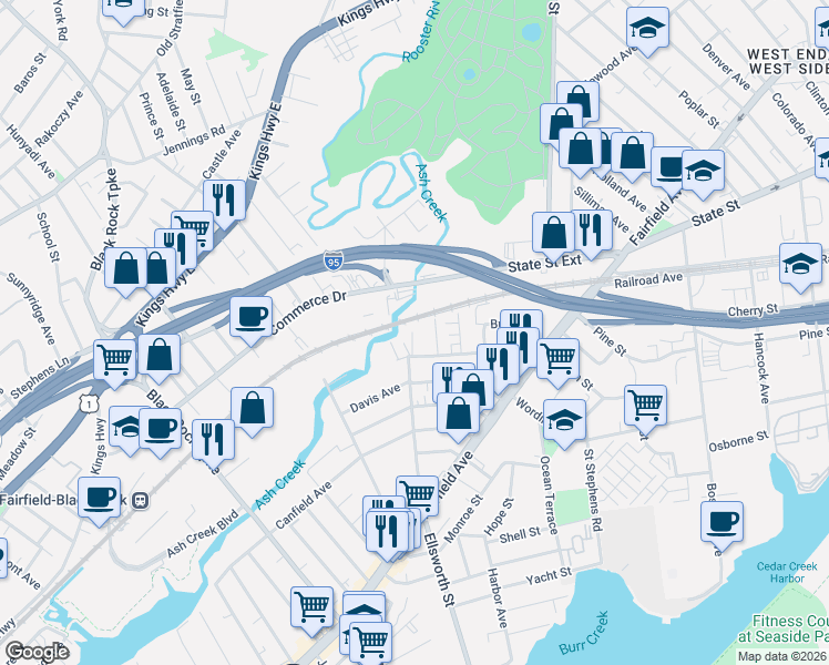 map of restaurants, bars, coffee shops, grocery stores, and more near 59 Hubbell Street in Bridgeport