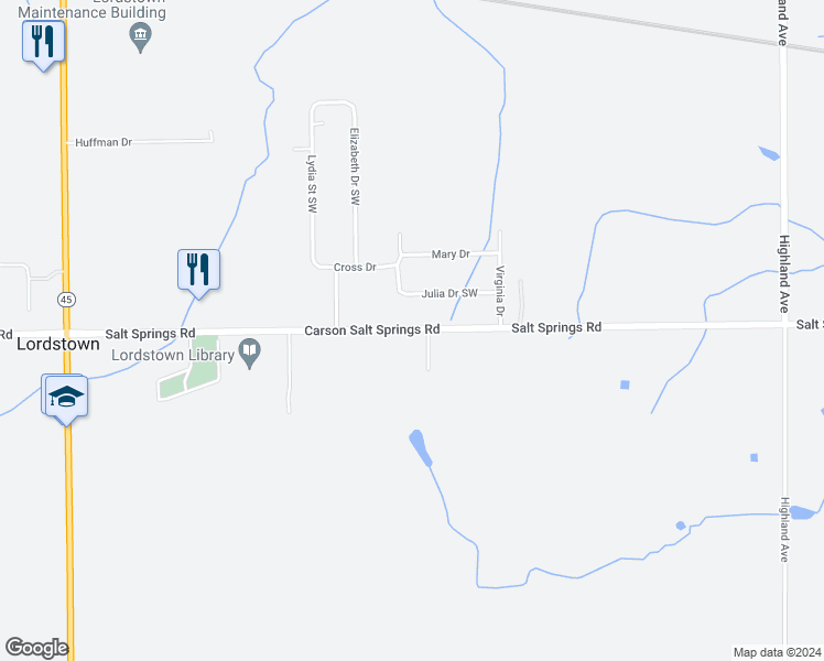 map of restaurants, bars, coffee shops, grocery stores, and more near 1280 Salt Springs Road in Warren
