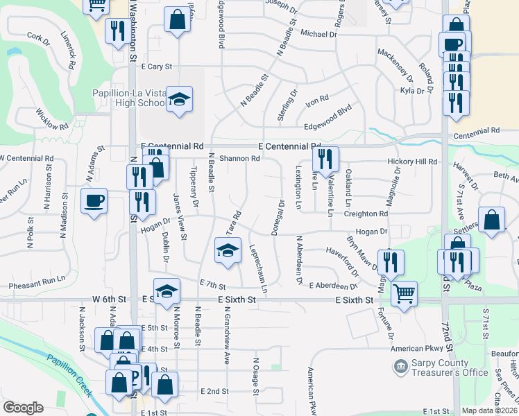 map of restaurants, bars, coffee shops, grocery stores, and more near 807 Leprechaun Lane in Papillion