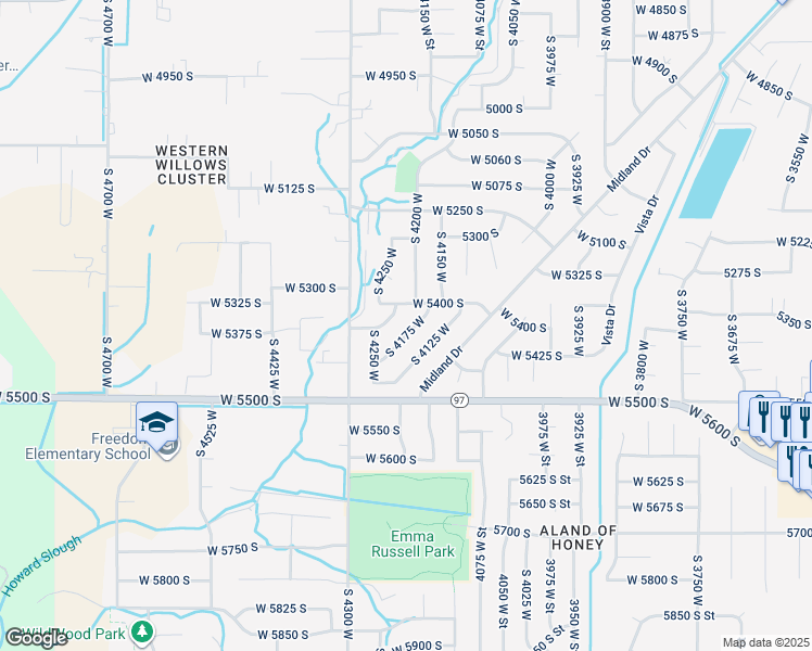 map of restaurants, bars, coffee shops, grocery stores, and more near 5421 South 4175 West in Roy