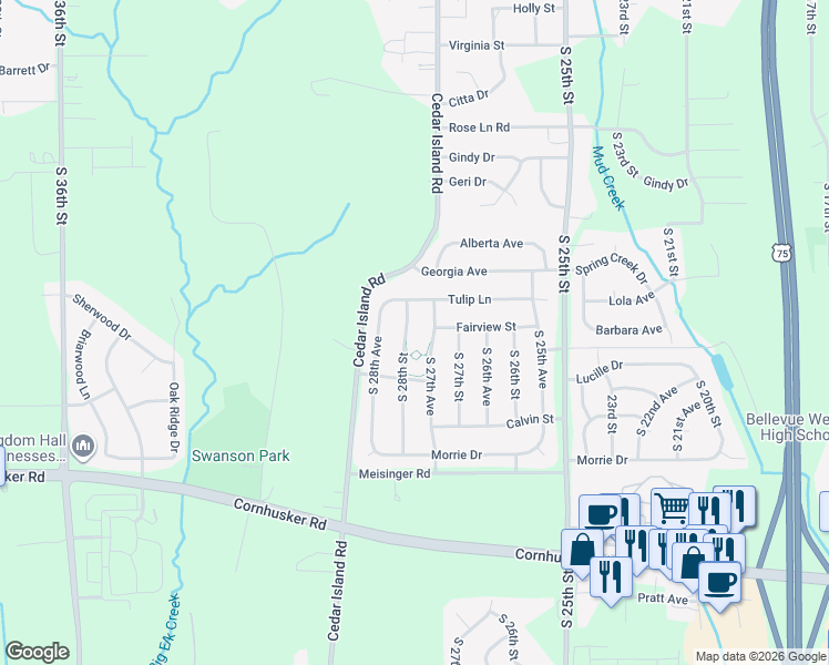 map of restaurants, bars, coffee shops, grocery stores, and more near 9403 South 28th Street in Bellevue