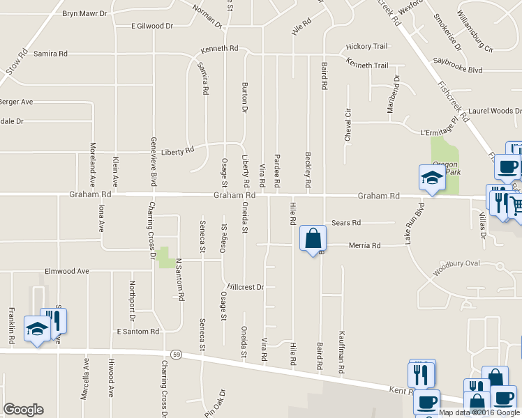 map of restaurants, bars, coffee shops, grocery stores, and more near 3924 Vira Road in Stow