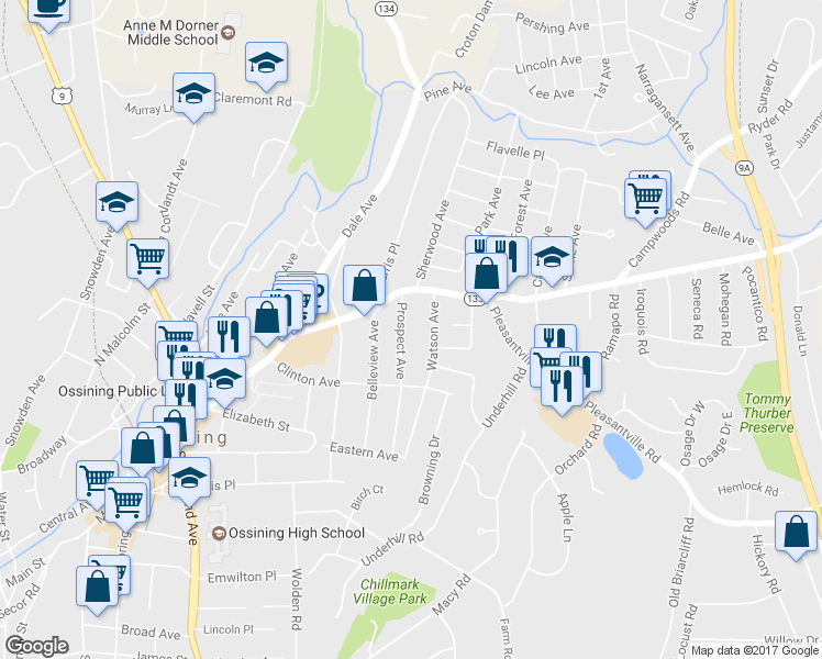 map of restaurants, bars, coffee shops, grocery stores, and more near 25 Prospect Avenue in Ossining