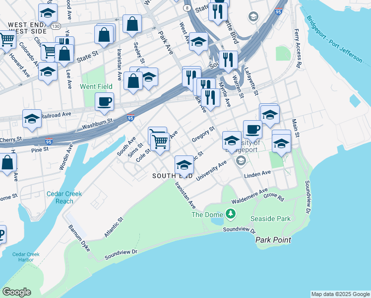 map of restaurants, bars, coffee shops, grocery stores, and more near 493-495 Gregory Street in Bridgeport