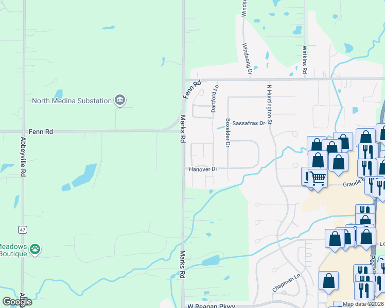 map of restaurants, bars, coffee shops, grocery stores, and more near 5321 Foxford Ct in Medina