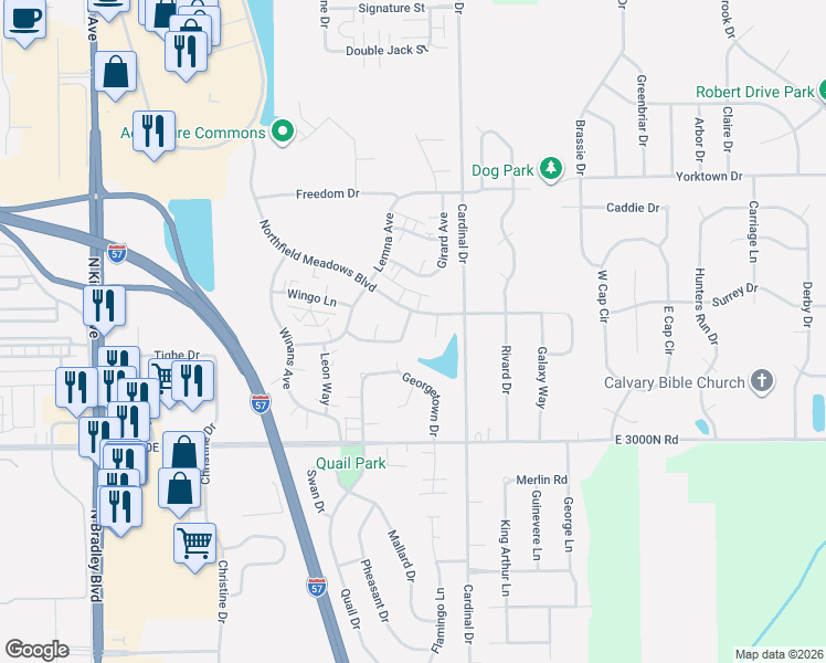 map of restaurants, bars, coffee shops, grocery stores, and more near 1480 Northfield Meadows Turn in Bourbonnais