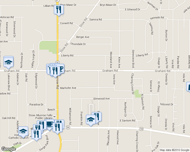 map of restaurants, bars, coffee shops, grocery stores, and more near 3756 Sanford Avenue in Stow
