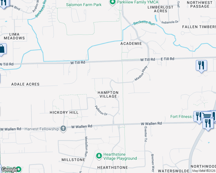 map of restaurants, bars, coffee shops, grocery stores, and more near 9205 Olmston Dr in Fort Wayne