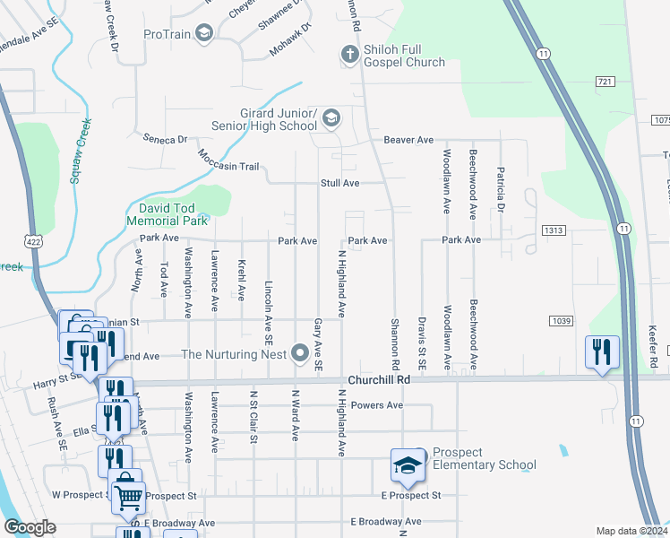 map of restaurants, bars, coffee shops, grocery stores, and more near 948 N Highland Ave in Girard
