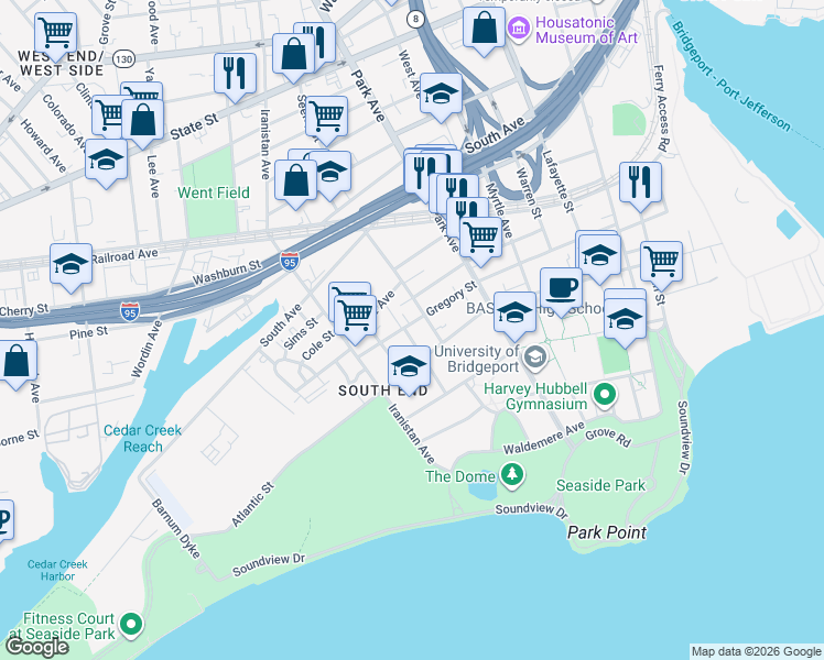 map of restaurants, bars, coffee shops, grocery stores, and more near 495 Gregory Street in Bridgeport