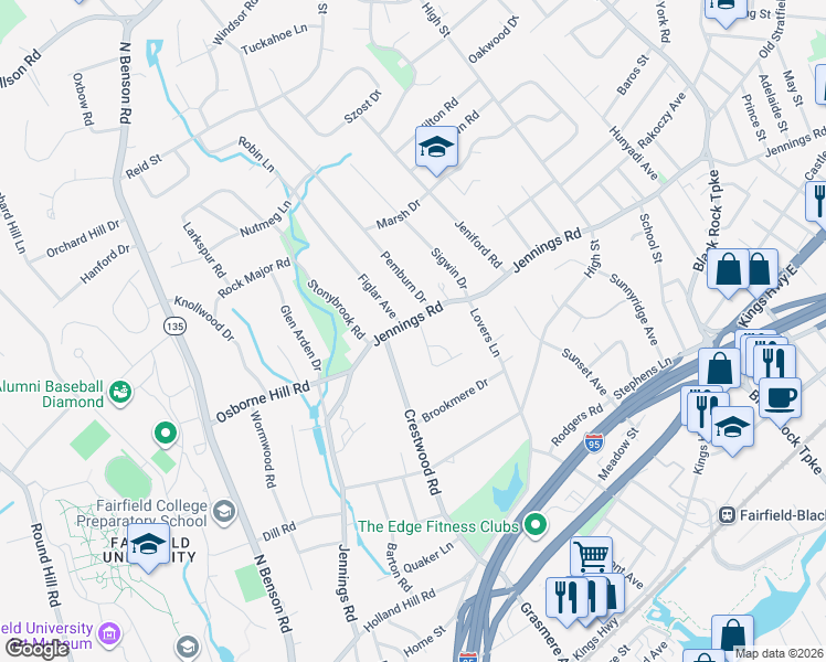 map of restaurants, bars, coffee shops, grocery stores, and more near 33 Birchwood Drive in Fairfield