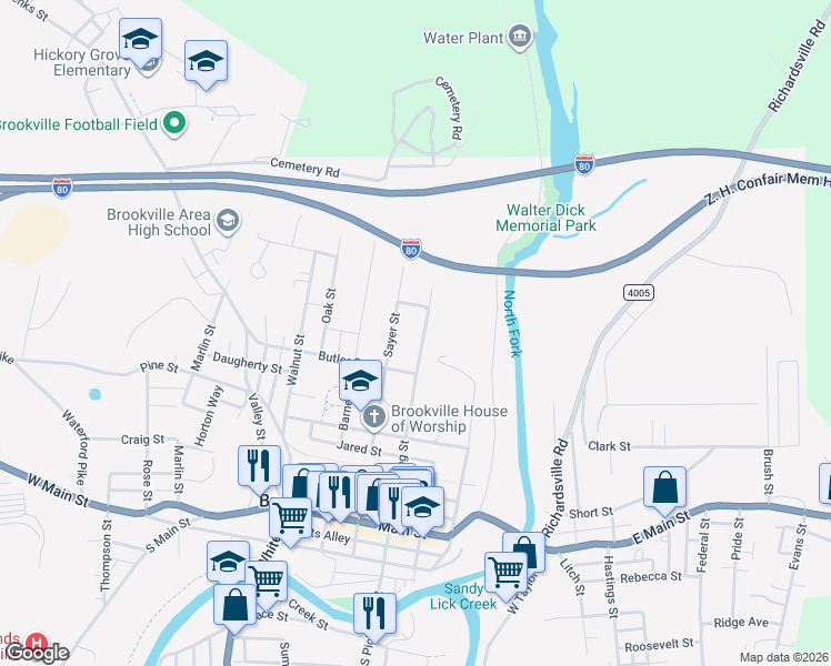 map of restaurants, bars, coffee shops, grocery stores, and more near 412 N Pickering St in Brookville
