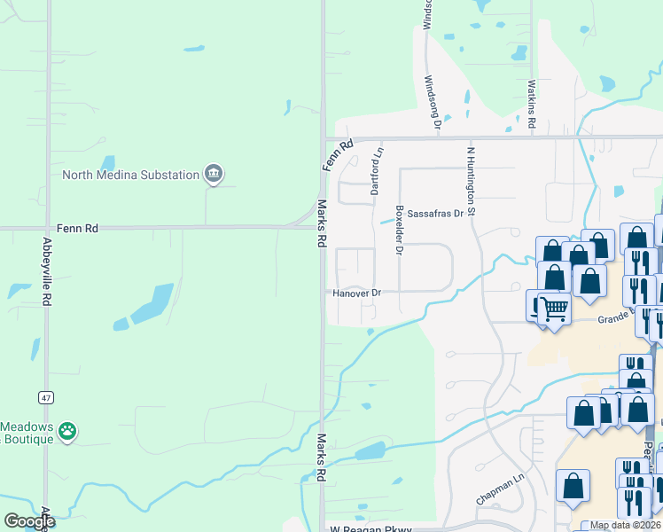map of restaurants, bars, coffee shops, grocery stores, and more near 5321 Foxford Court in Medina