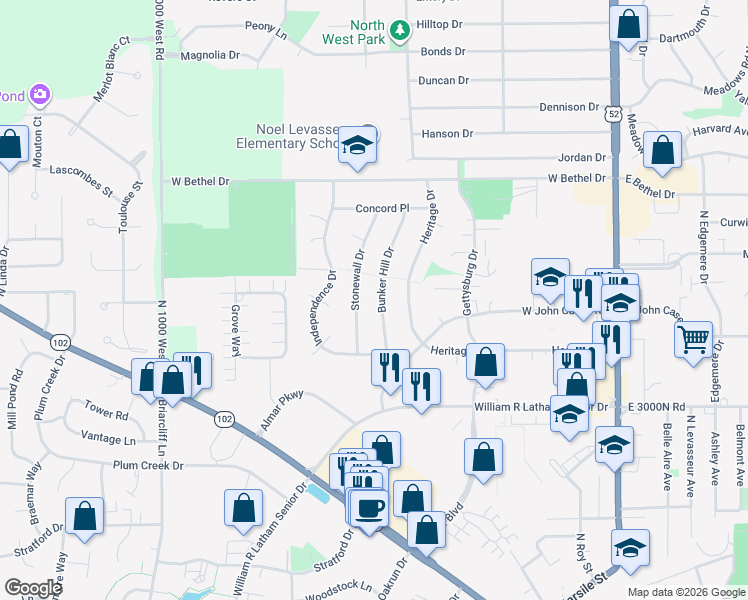 map of restaurants, bars, coffee shops, grocery stores, and more near 750 Stonewall Drive in Bourbonnais