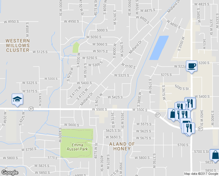 map of restaurants, bars, coffee shops, grocery stores, and more near 5396 4075 West Street in Roy
