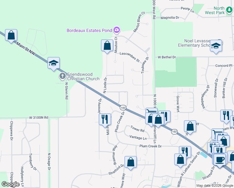 map of restaurants, bars, coffee shops, grocery stores, and more near 1338 Arrowhead Drive in Bourbonnais