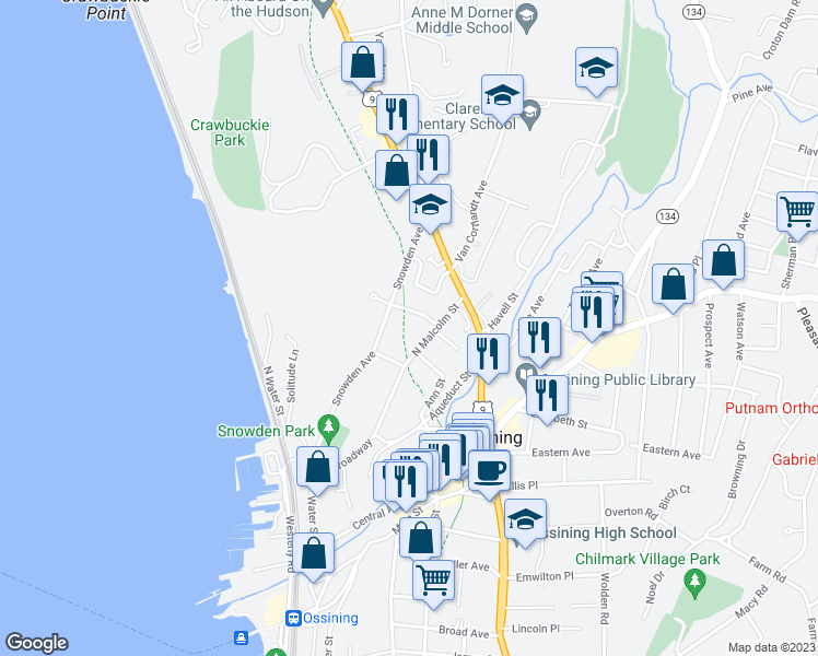 map of restaurants, bars, coffee shops, grocery stores, and more near 47 1/2 North Malcolm Street in Ossining
