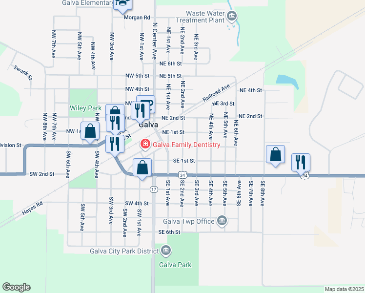map of restaurants, bars, coffee shops, grocery stores, and more near 201 East Division Street in Galva