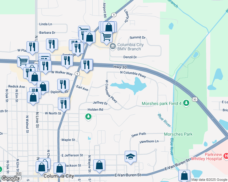 map of restaurants, bars, coffee shops, grocery stores, and more near 607 Azuba Court in Columbia City