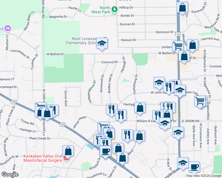 map of restaurants, bars, coffee shops, grocery stores, and more near 740 Bunker Hill Drive in Bourbonnais
